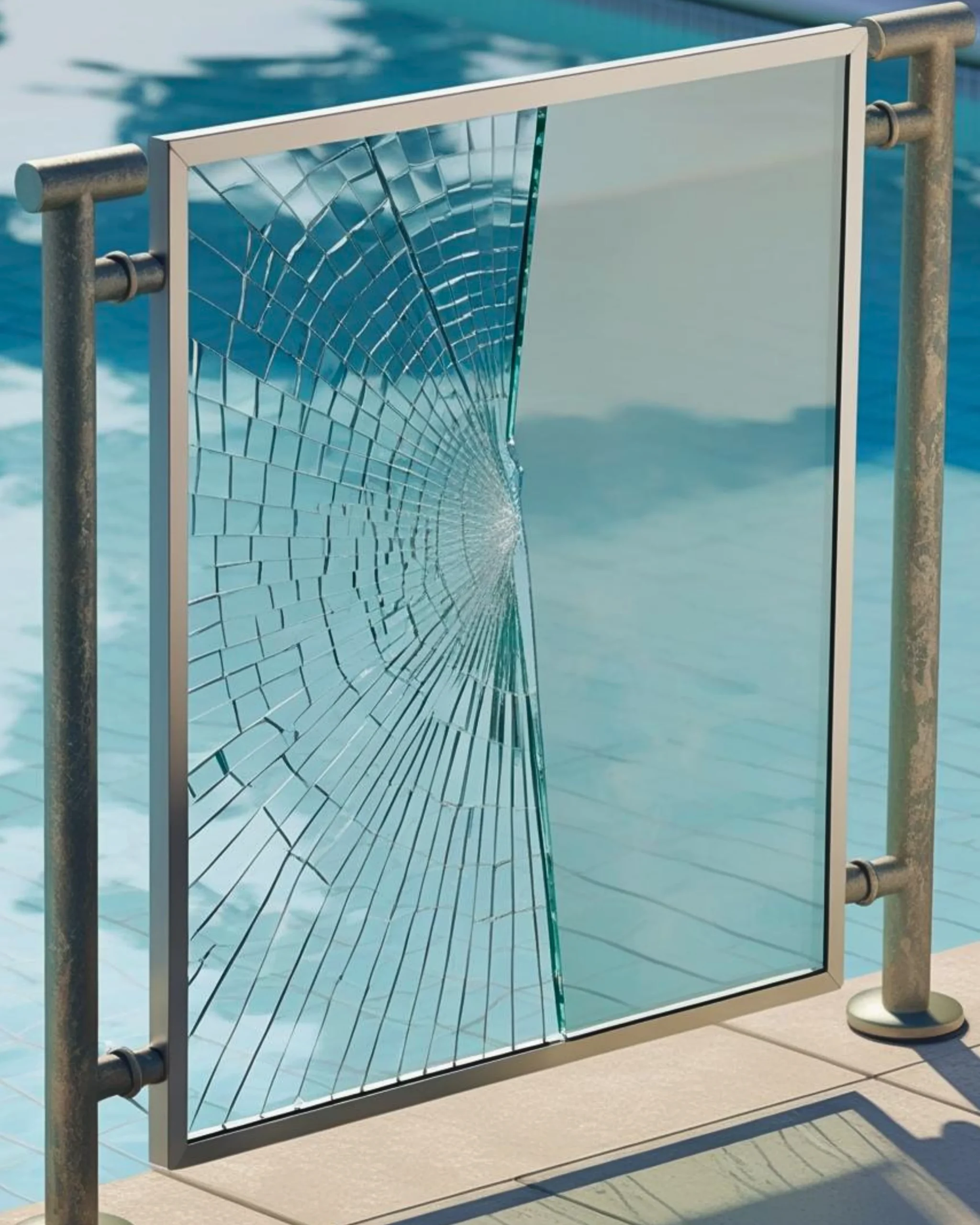 Garde corps poteaux montrant un verre feuilleté : le coté gauche est fissuré mais reste en place, le cote droit montre un verre feuilleté intact